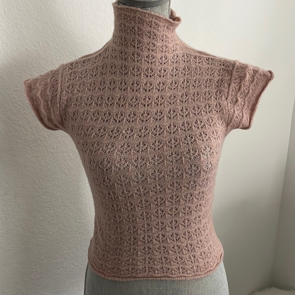 Zara Pointelle short sleeve mock neck top